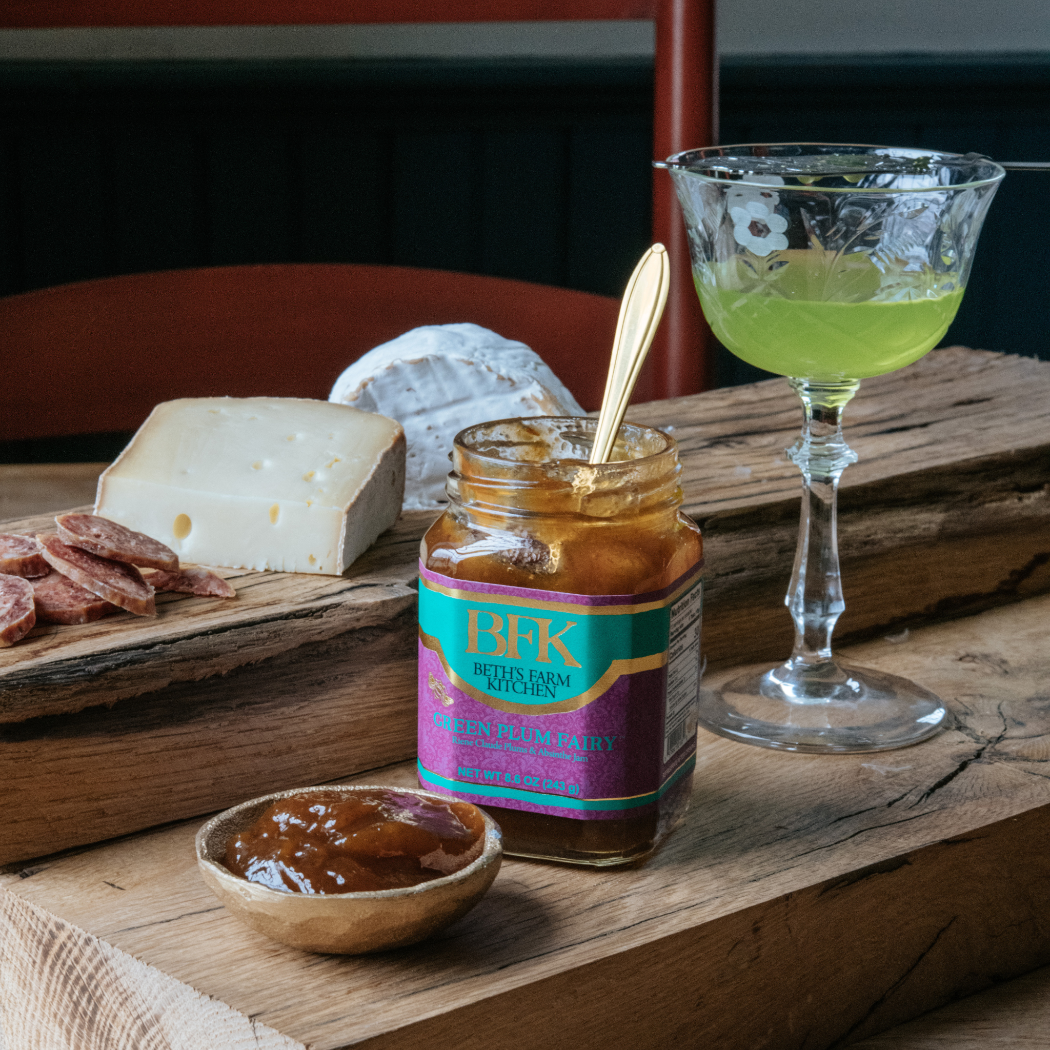 Life style photo of Green Plum Fairy - plum with absinthe jam by Beth's Farm Kitchen