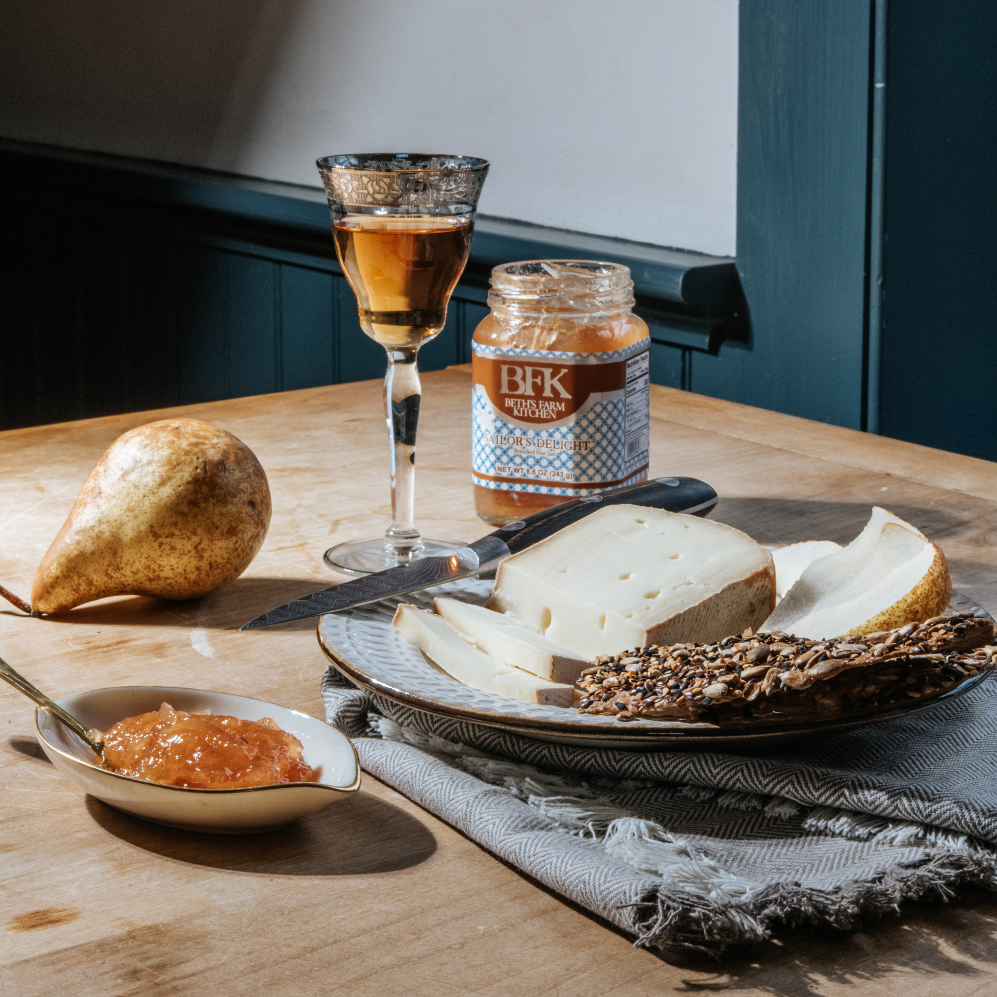 Life style photo of Sailor's Delight - brandied pear jam with cheese and crackers by Beth's Farm Kitchen