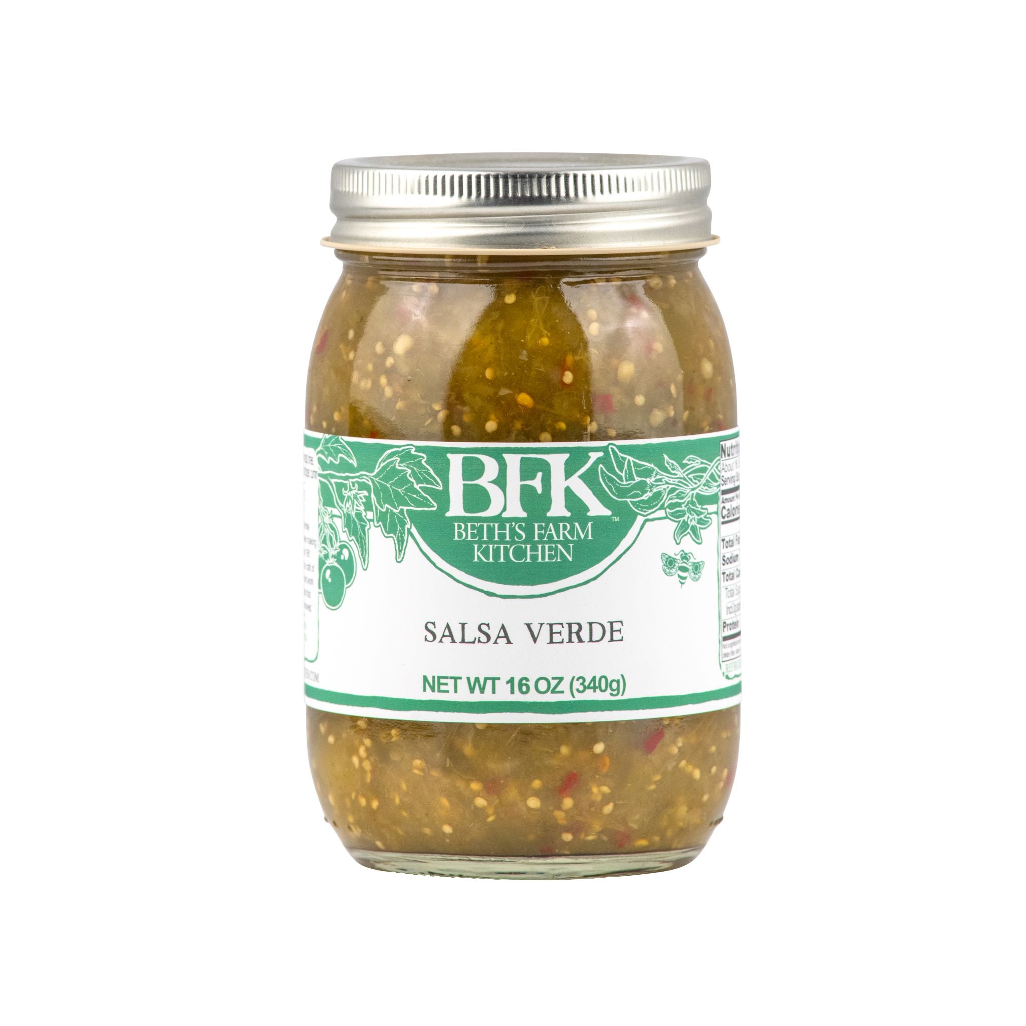Beth's Farm Kitchen green salsa in 16 oz jar with  silver lid white background.